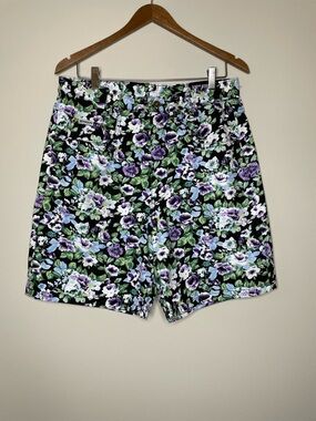 High-Waist Floral Print Shorts - Black with Purple & Green - Cotton Denim